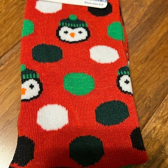 Christmas Socks Red with colored circles & a cute animal face, Sock SZ. 9-11 - Picture 3 of 5